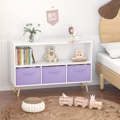 Bibliothèque pour enfants avec tiroirs en tissu pliables, présentoir à livres pour enfants, armoire de rangement pour jouets, blanc / mauve