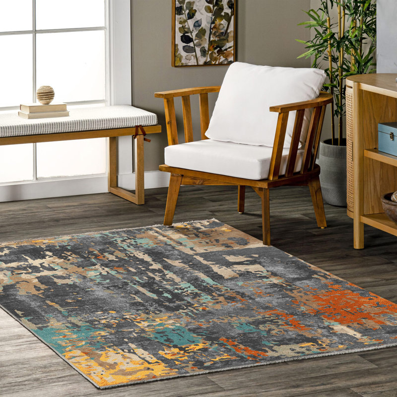 Tapis en chenille de coton à motif abstrait jaune Zelphia, Tapis de couloir 4 pi x 14 pi 10 po