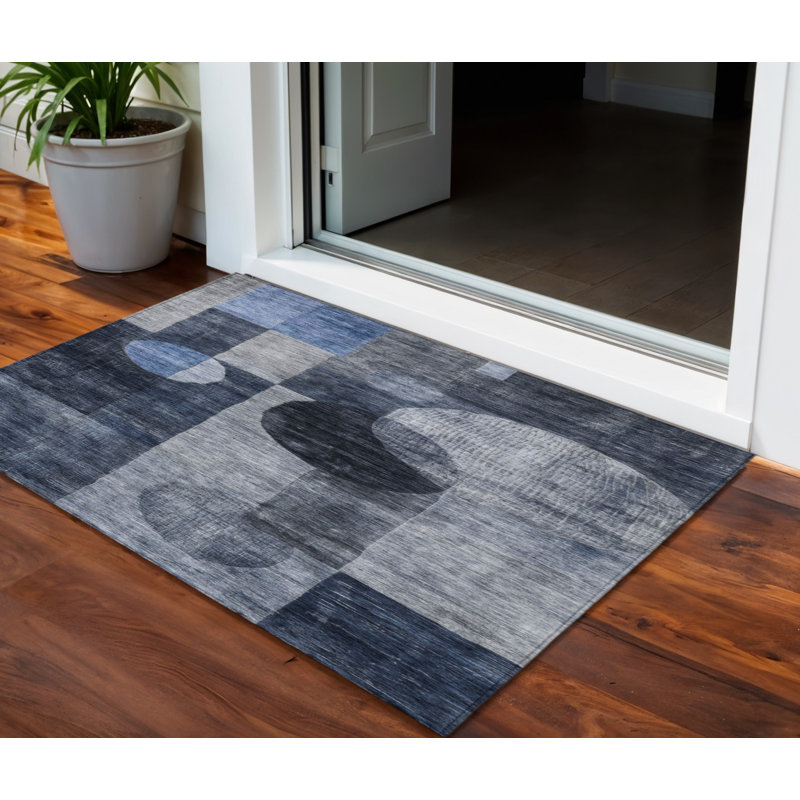 3' X 5' Navy Blue Gray And Charcoal Geometric Washable Indoor Outdoor Area Rug