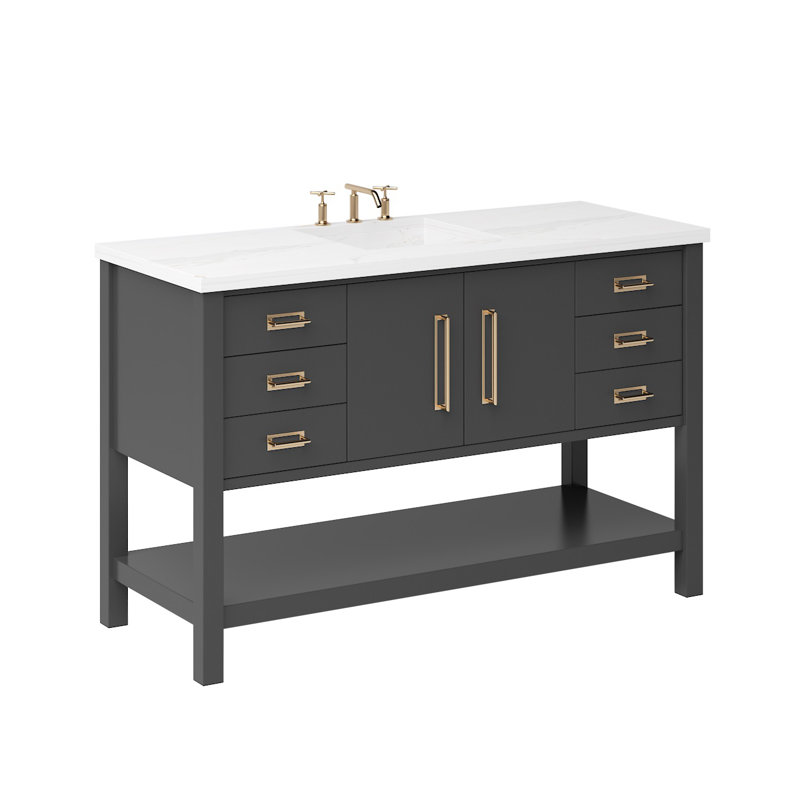 Meuble-lavabo simple très large Kiawah, Noir cassé, Or satiné, 54"