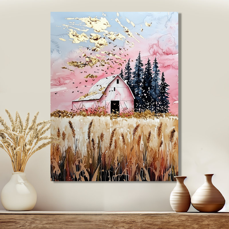 Rose et or Galm Barn II - ferme, impression murale en métal, H 20 po x l 12 po x P 0,84 po