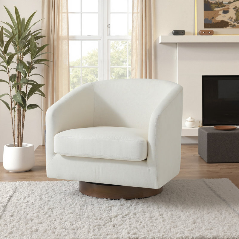 Applewold Upholstered Beige Cotton Blend Swivel Barrel Chair with Solid Wood Base, Beige Linen Blend