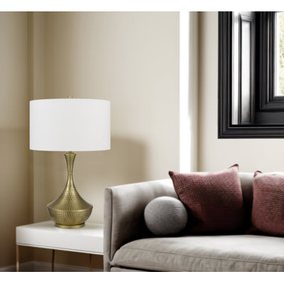 150W 3 way Hove hand hammered metal table lamp with drum hardback fabric shade