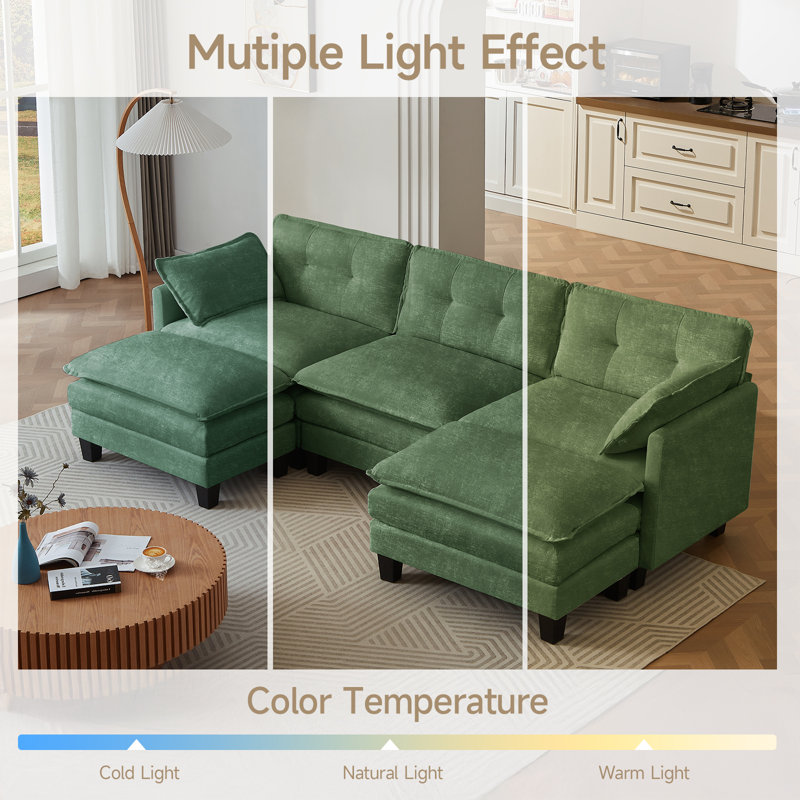 111.5" U-Shaped Chenille Modular Sofa - 3-Seater with Cloud-Like Soft Seating & 2 Movable Ottomans, Modular Flexible for Customizable Living Layouts (Green)