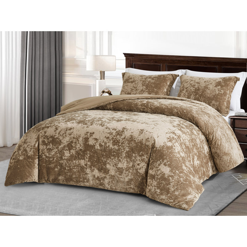 Lux Distressed Velvet Reversible Comforter Set, King Comforter + 2 King Shams, Tan