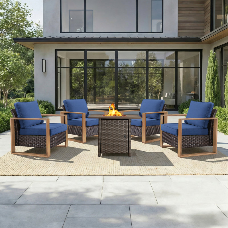 5-Piece Outdoor Modern Patio Lounge Chairs Conversation Set With Fire Pit Table, Blue, Brown