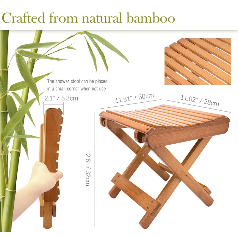 Folding Bamboo Stool For Shower, Leg Shaving And Foot Rest, Natural Bamboo Folding Stool, Folding Bamboo Shower Seat, Fully Assembled, 12 Inch High