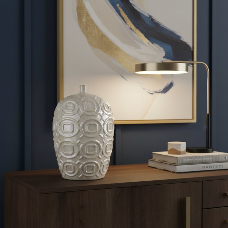 20" Cream Geometric Ceramic Bud Table Vase