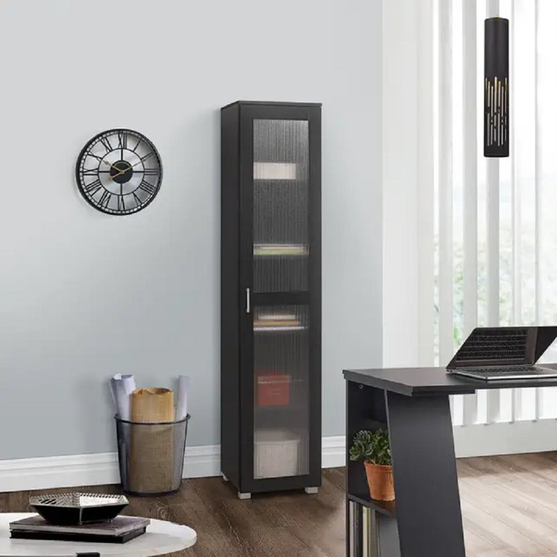 Braydan Tall Curio Storage Cabinet - Tall Bookshelf Perfect for Living Room, Kitchen, Bedroom & Office - Storage Cabinet with 5 Storage Shelving & 1 Glass Door Display
