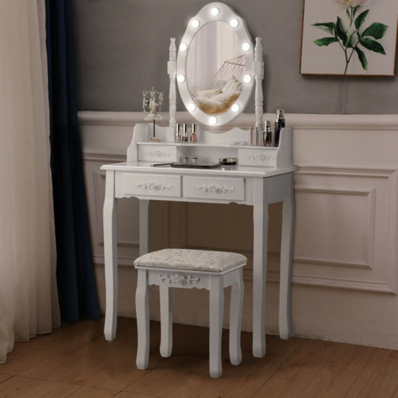 Ensemble de coiffeuse avec tabouret rembourré avec ampoules à intensité variable