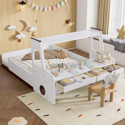 Full Size Car-Shaped Floor Bed With Storage Drawers And Desk For Kids