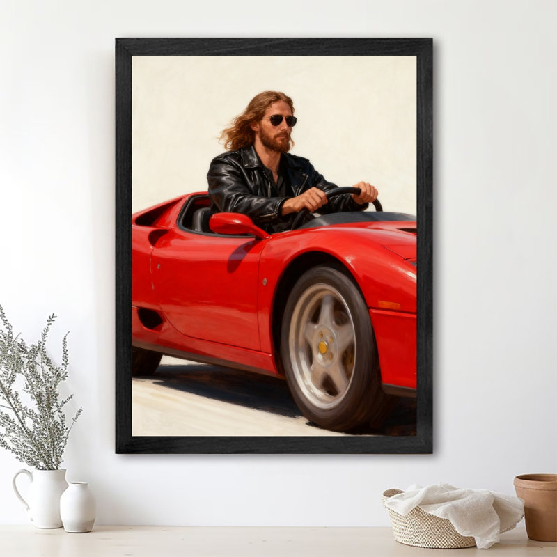 Impression encadrée noire de Jésus-Christ au volant d'une voiture de sport, H 37 po x l 25 po