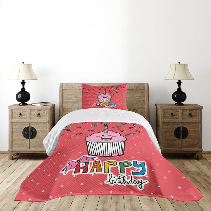 Ambesonne Cartoon Bedspread Set 2 Pcs Pink Cupcake Bow Twin Multicolor