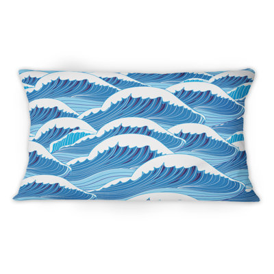 Coussin décoratif abstrait à motif de vagues abstraites bleu marine et bord de mer