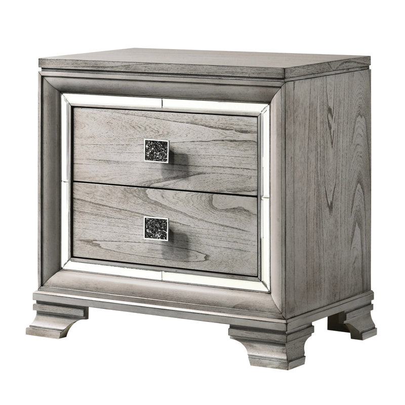 Table de chevet Contemporary Mirrored Accents 2 en gris - bois massif stable avec 2 tiroirs