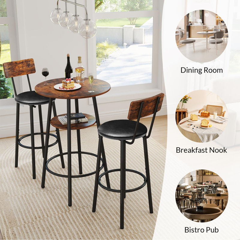 3 Pieces Round Bar Table With 2 Upholstered Stools Set, For Kitchen, Dining Room & Bistro, Grey, Black;Brown
