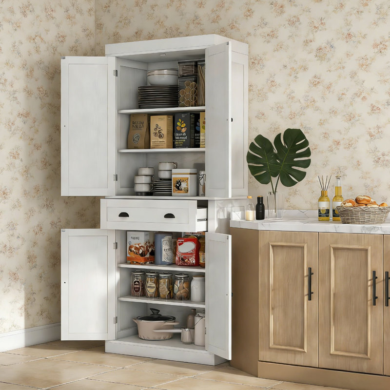 Armoire de cuisine 72,5 ", armoire de rangement autoportante traditionnelle avec 4 portes, tiroir et 3 tablettes réglables pour le grain de bois de la salle à manger