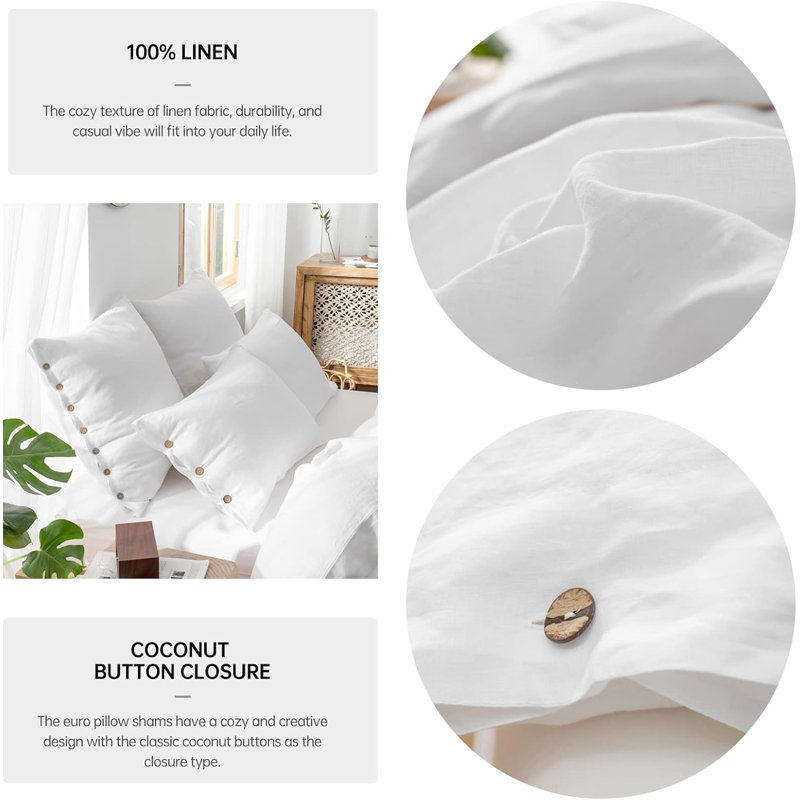 Housse de couvre-oreiller 100% lin lavé 100% euro, ensemble de 2 26 po x 26 po, Blanc