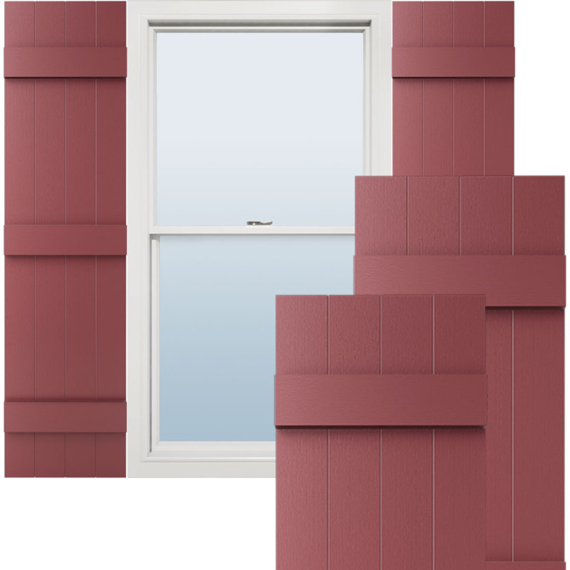 Vinyle à vie, quatre planches jointes TailorMade, volets Board-n-Batten, avec cages à volets, Baie rouge