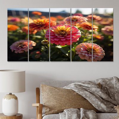 «Colorful Zinnias Field At Sunrise VI», reproduction d'art sur toile florale - 5 panneaux égaux