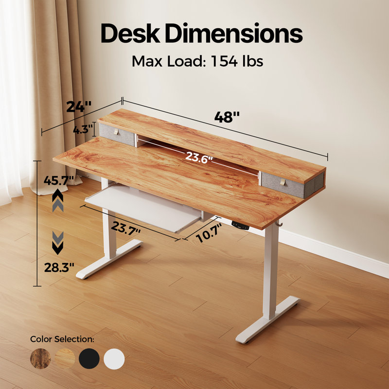 Bureau debout électrique 48 po avec 2 tiroirs et plateau à clavier, bureau à hauteur réglable pour le bureau personnel 