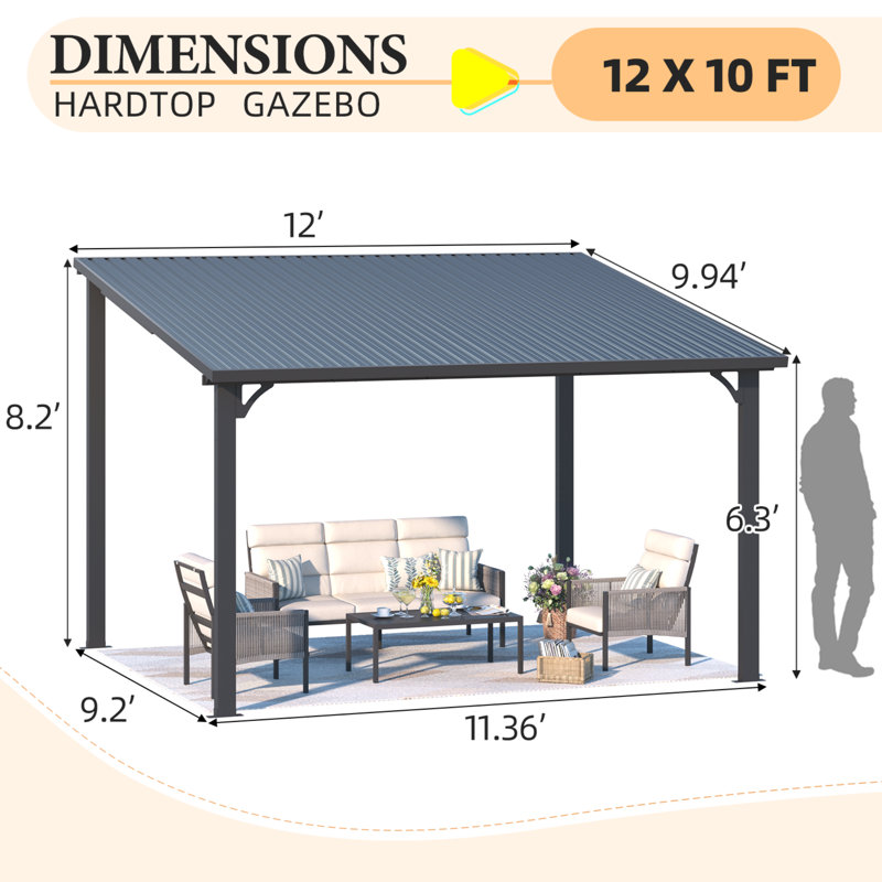Hardtop Gazebo With Galvanized Steel Sloping Roof, 98.4" H x 144" W x 110.4" D 