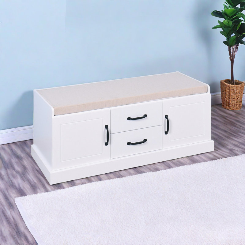 Meuble à chaussures en bois avec 2 tiroirs et 2 portes avec banc de rangement pour le salon et coussin blanc