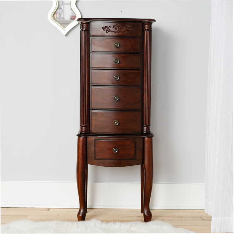 Dark Walnut Traditional Freestanding Jewelry Armoire with Mirror