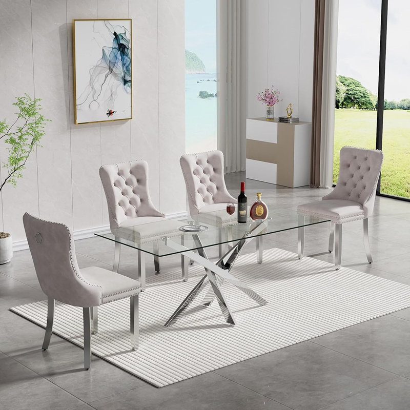 Ensemble de table de salle à manger 5 pièces pour 4 personnes, ensemble de table de salle à manger moderne en verre de 51 po pour 4 personnes, ensemble de table de salle à manger compacte avec 4 chaises en tissu beige pour petit espace, appartement, m