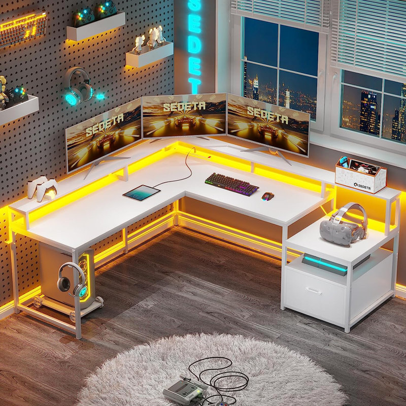 L-Shaped Computer Desk with Power Outlet, White