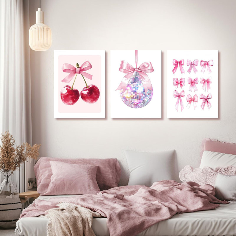 Framed Pink Coquette Bow Trendy Preppy Wall Art Prints Set Of 3, Coquette Room Decor, Preppy Room Dorm Decor Aesthetic, Pink Bow Cherry Disco Ball Wall Decor Posters