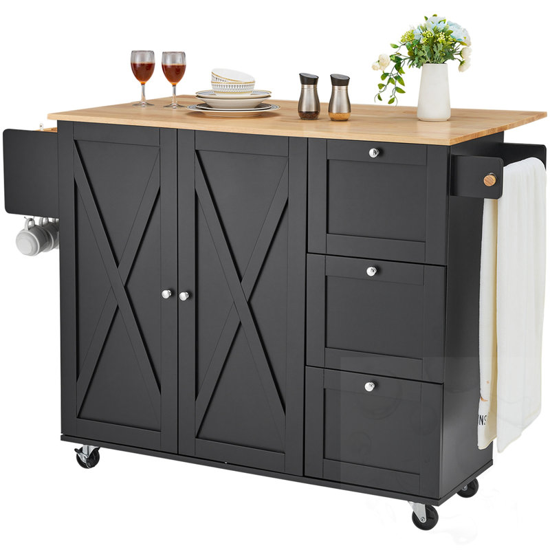 Îlot de cuisine roulant avec porte-serviettes et épices et 4 crochets multifonctionnels, Noir