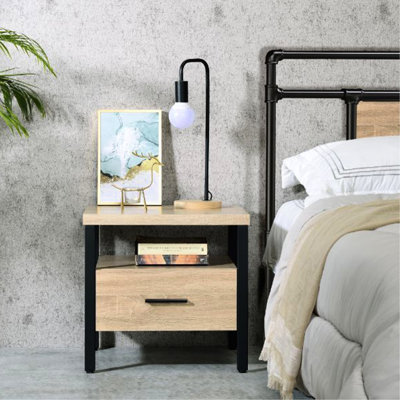 Table de chevet à 1 niveau avec tiroir, chêne et noir, touche industrielle moderne de style contemporain