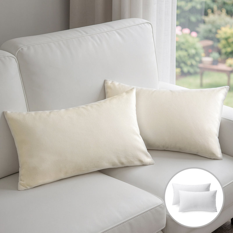 Ensemble de coussin lombaire en velours 12 po x 20 po, coussin décoratif doux, Offwhite, Pillow Cover & Insert