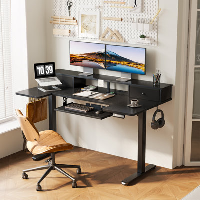 55" U Shaped Height Adjustable Desk With Keyboard Tray ＆ Ergonomic Monitor Stand, Sit Stand Table With Power Outlets & Drawers For Home, Office
