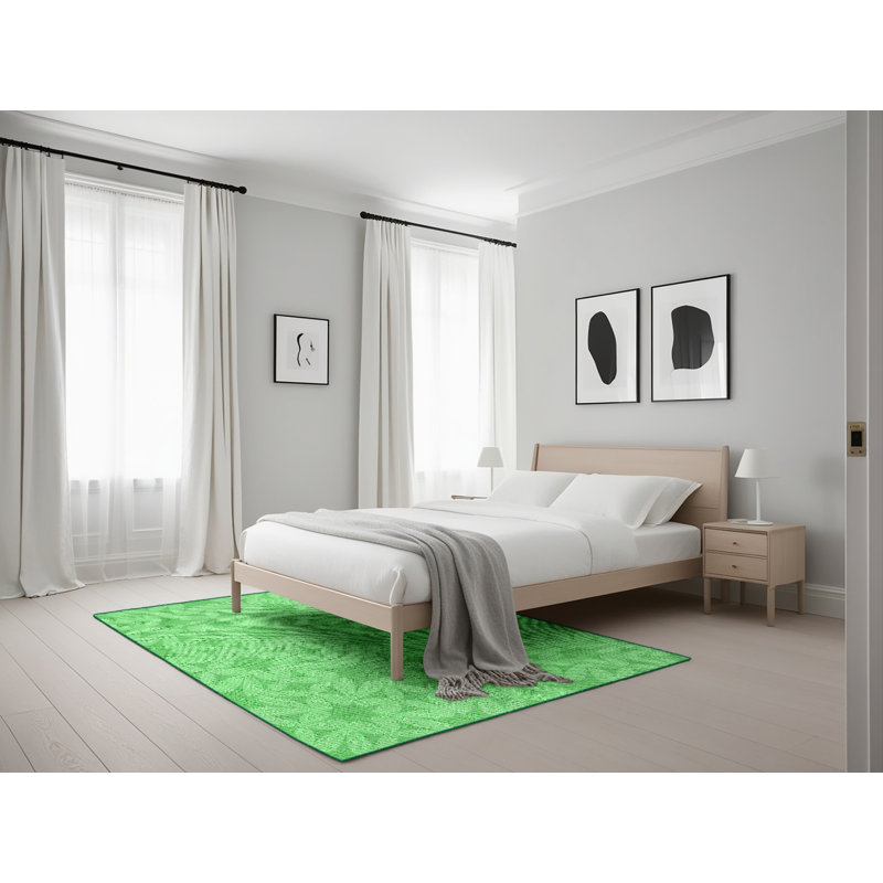 Laine tissée à la machine de fabrication orientale et polyester vert/jaune Tapis décoratif, Rectangle 5 pi x 7 pi