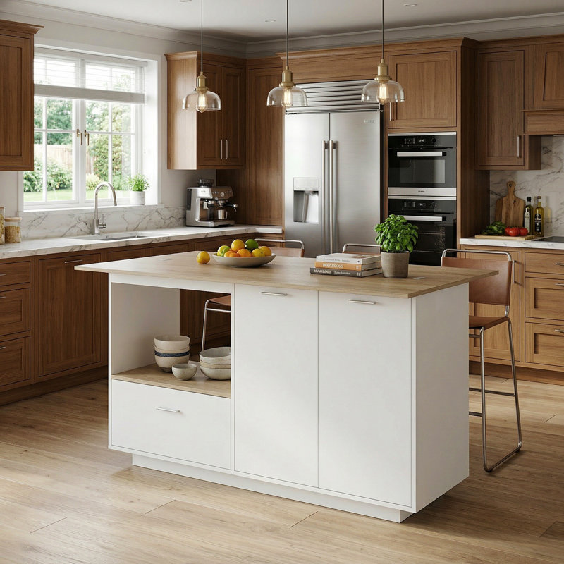 Îlot de cuisine de 59 po de largeur avec rangement solide et plateau de table extensible