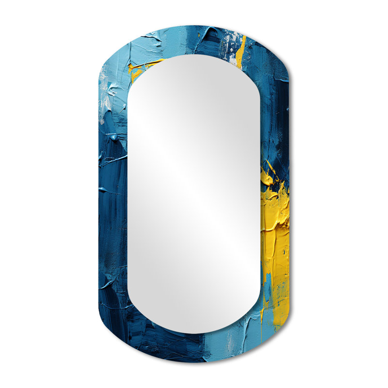 «Bliss Of Happiness In Yellow And Blue II - Abstract Collages», miroir mural asymétrique unique, 43 po x 23 po