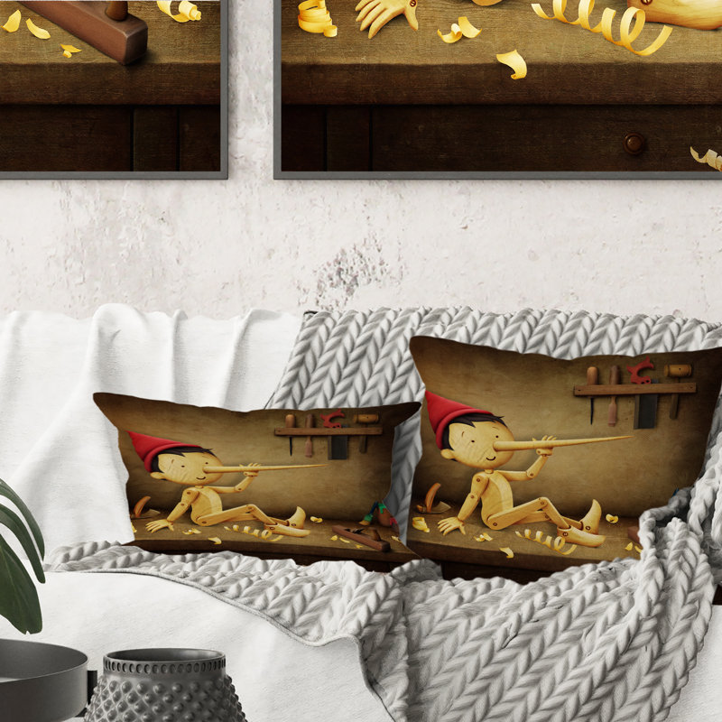 Pinocchio avec long nez et chapeau rouge - Coussin décoratif pour enfants, 16 po x 16 po