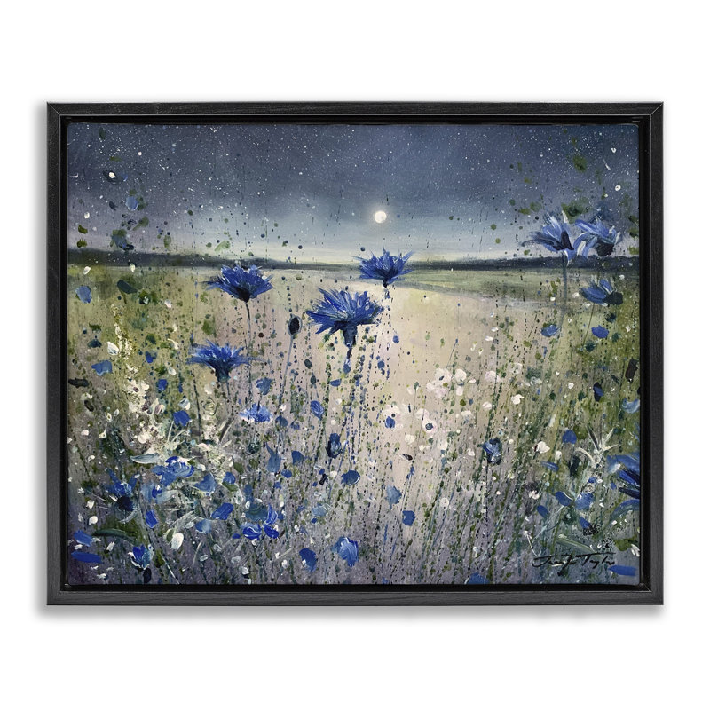 «Moon over Blooming Flowers», art mural sur toile flottante noire par Jennifer Taylor Art, Cadre flottant noir de jais
