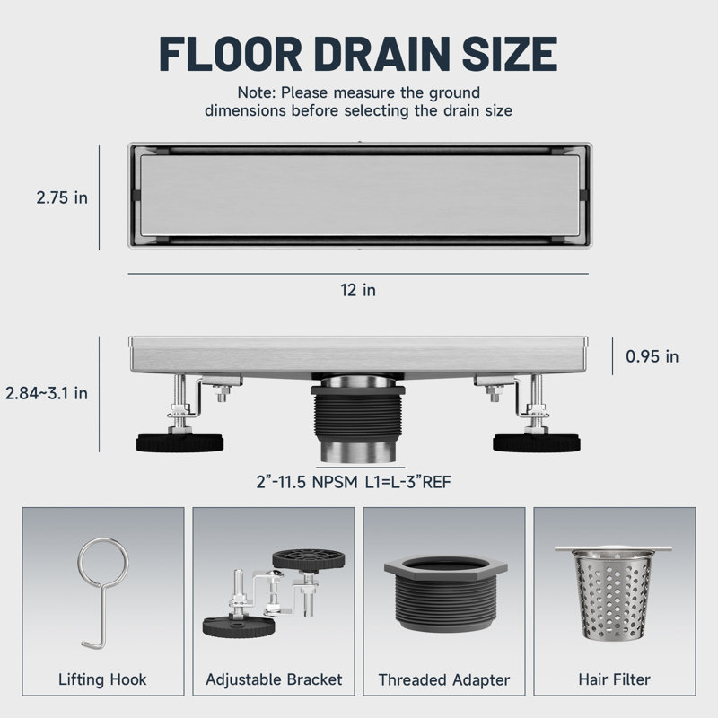 Drain linéaire de 12 po en acier inoxydable 304 pour un drainage rapide, drain de plancher pour salle de bain en nickel brossé