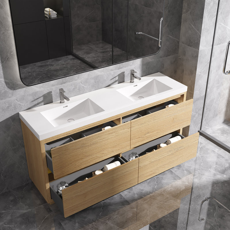 Meuble-lavabo autoportant avec comptoir à double surface en blanc pour salle de bain, Brun, 72"