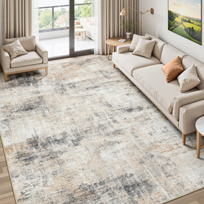 Tapis lavable abstrait moderne 6 pi x 9 pi avec envers antidérapant en caoutchouc beige