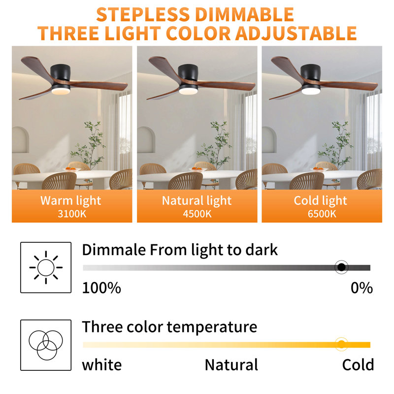 Black Wood Ceiling Fans With Lights And Remote, Modern Flush Mount Low Profile Ceiling Fan With Light, 6 Speed, Reversible Dc Motor, For Bedroom/Outdoor/Farmhouse/Patios