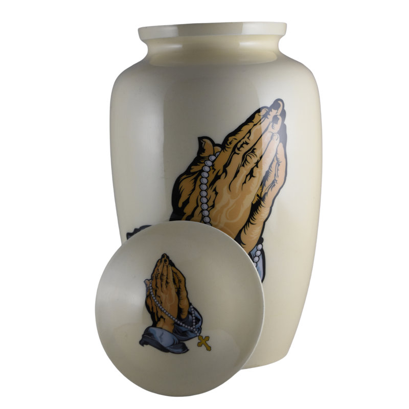 Handmade Praying Hands Holding Rosary Beads Urn