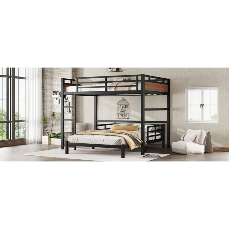 Full Over Full Metal Bunk Bed/Metal Loft Bed,Separable Bunk Beds,With Raised Security Fence,Walnut Color, Full Over Full