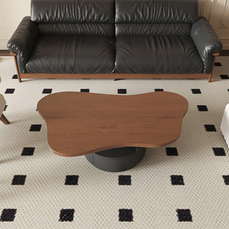 Table basse de 47,24 po de style Mid-Century avec 2 tiroirs à fermeture en douceur et tablette inférieure, plateau en placage de noyer et base à piédestal noir
