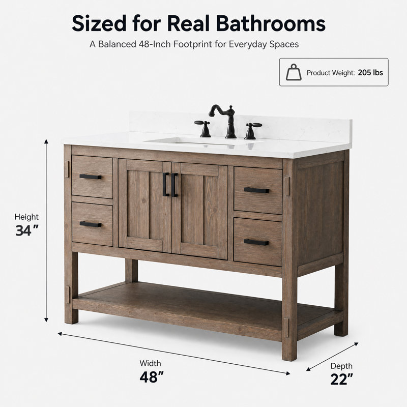 Marissa 48" Freestanding Single Bathroom Vanity with Engineered Stone Top,  Brown Spruce