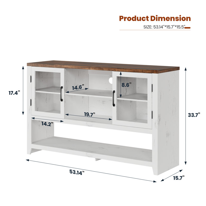 53" Sideboard Buffet Cabinet with 2 Glass Doors, Farmhouse Coffee Table Storage with Open Shelves, for Living Room, Kitchen, Dining, Entryway, White