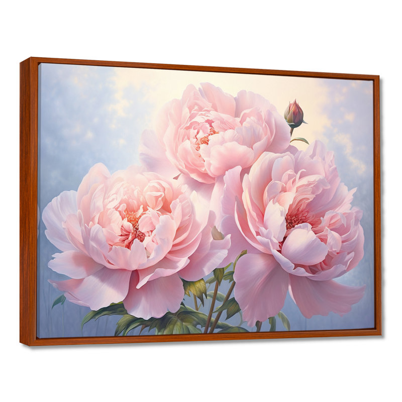 Pivoine rose II - art mural floral, H 16 po x l 32 po x P 1 po, Cadre flottant brun